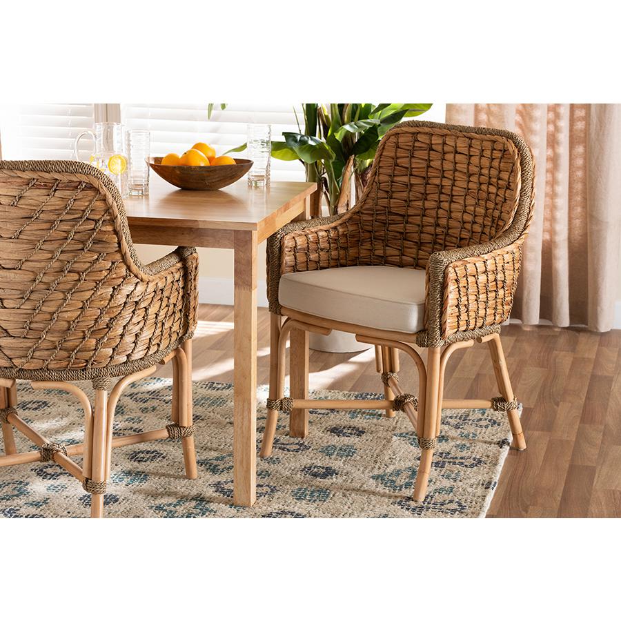 Bohemian Natural Brown Woven Rattan Dining Arm Chair with Cushion. Picture 8