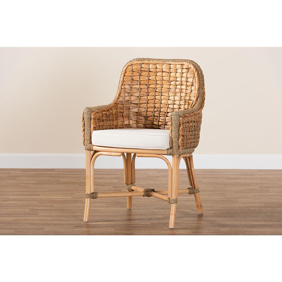 Bohemian Natural Brown Woven Rattan Dining Arm Chair with Cushion. Picture 9