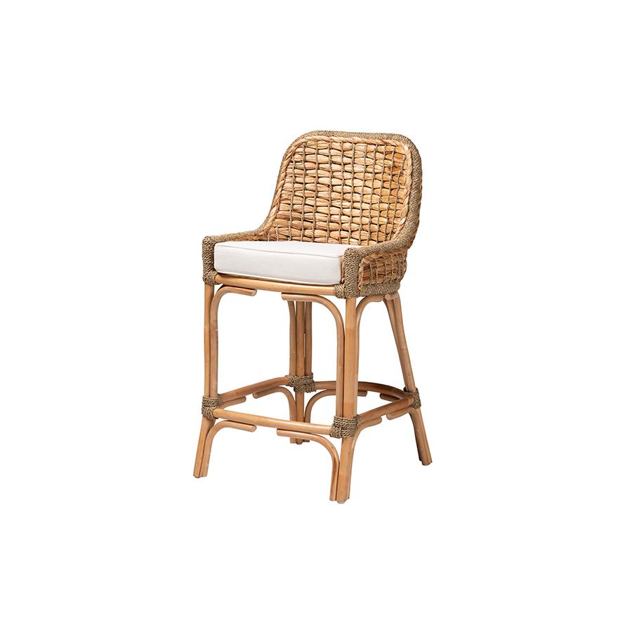 Bohemian Natural Brown Woven Rattan Counter Stool with Cushion. Picture 1