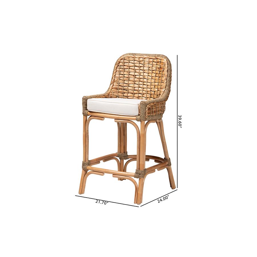 Bohemian Natural Brown Woven Rattan Counter Stool with Cushion. Picture 10