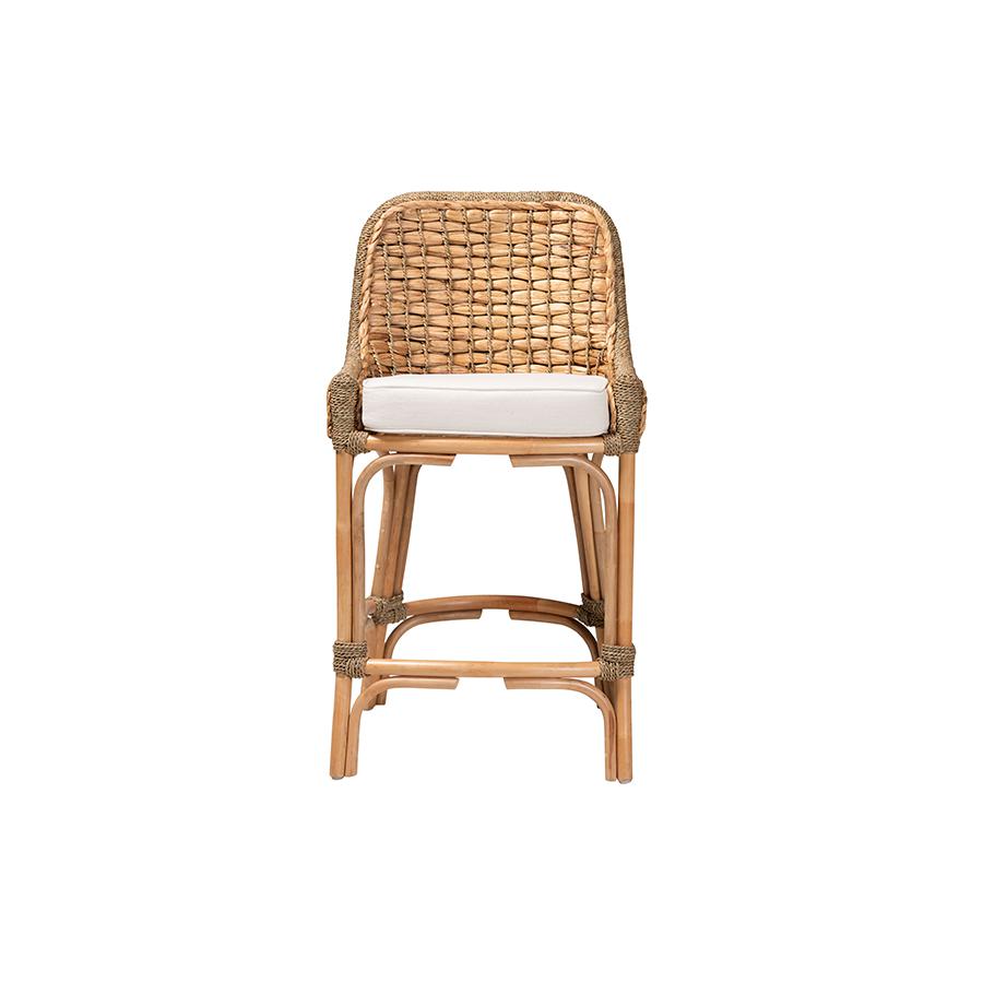 Bohemian Natural Brown Woven Rattan Counter Stool with Cushion. Picture 2