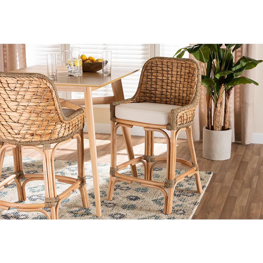Bohemian Natural Brown Woven Rattan Counter Stool with Cushion. Picture 8