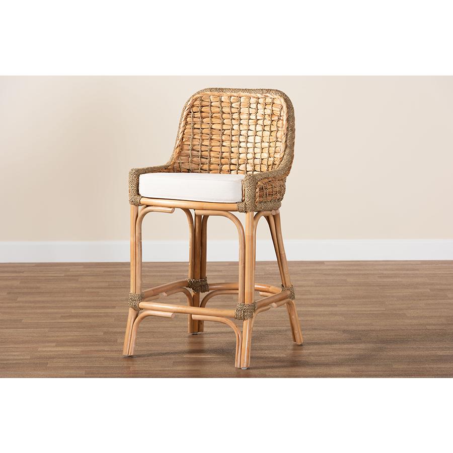 Bohemian Natural Brown Woven Rattan Counter Stool with Cushion. Picture 9