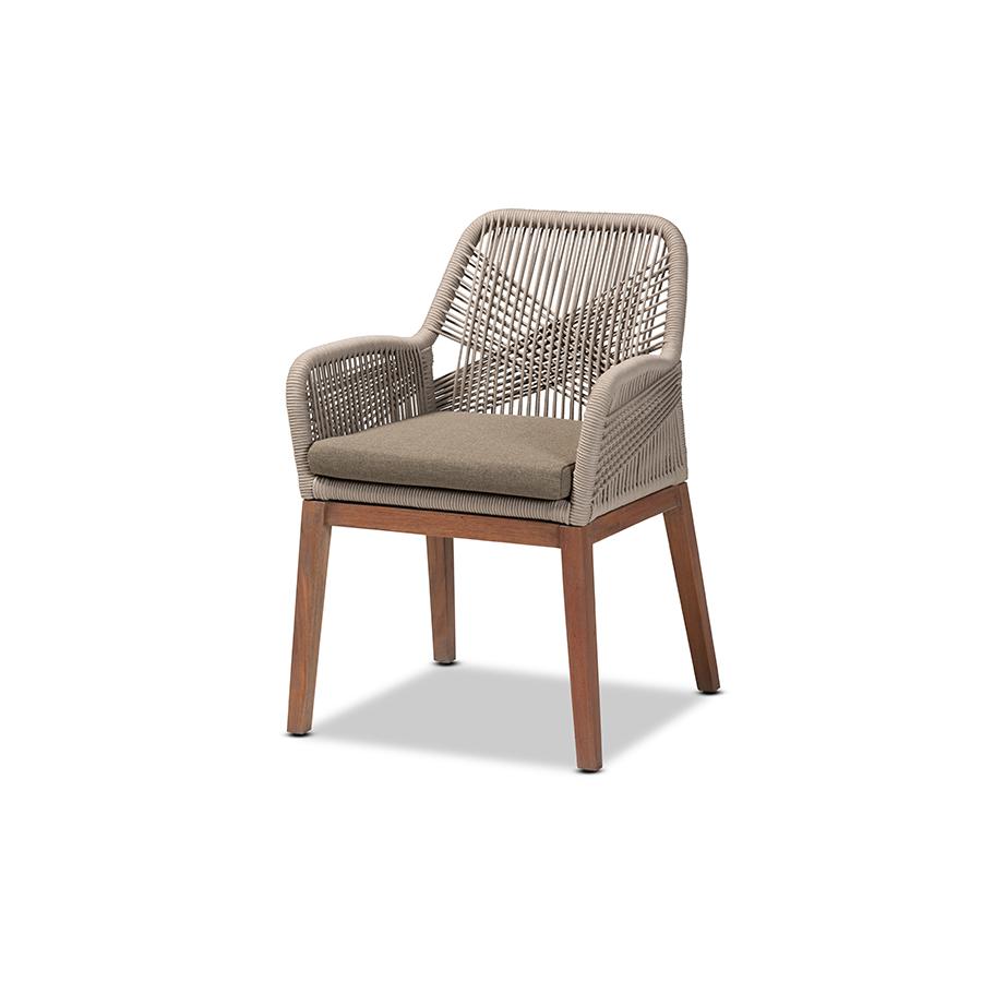 ennifer Mid-Century Transitional Grey Woven Rope Mahogany Dining Arm Chair. Picture 1