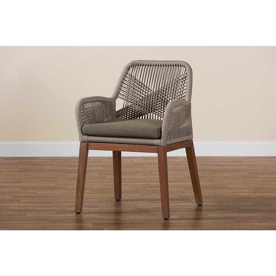 ennifer Mid-Century Transitional Grey Woven Rope Mahogany Dining Arm Chair. Picture 10