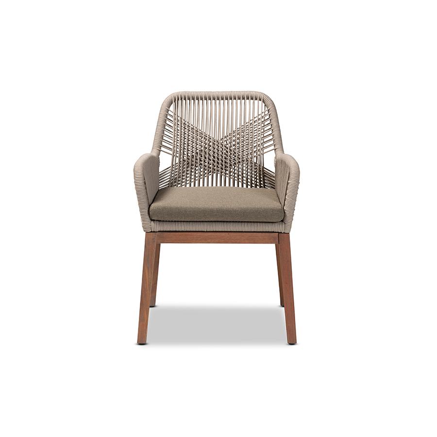 ennifer Mid-Century Transitional Grey Woven Rope Mahogany Dining Arm Chair. Picture 2
