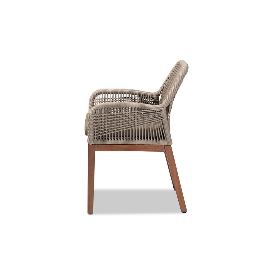 ennifer Mid-Century Transitional Grey Woven Rope Mahogany Dining Arm Chair. Picture 3