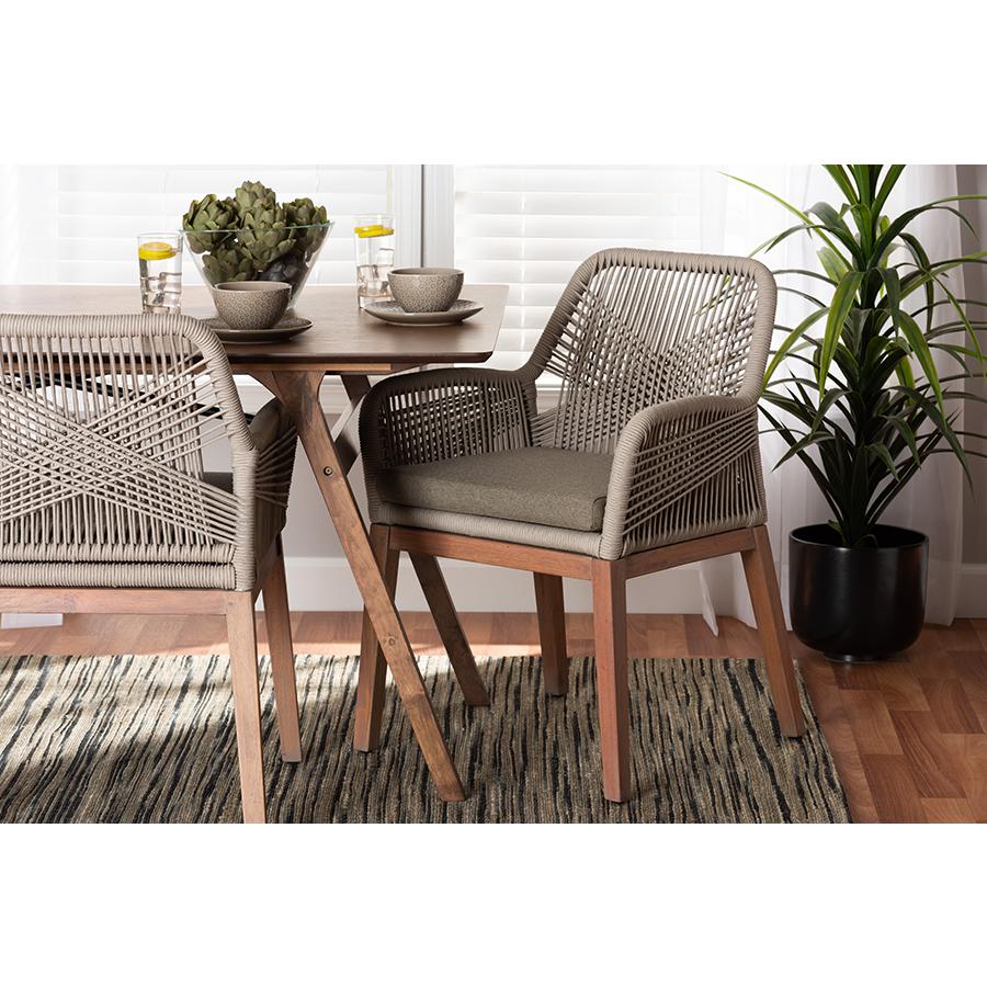 ennifer Mid-Century Transitional Grey Woven Rope Mahogany Dining Arm Chair. Picture 9