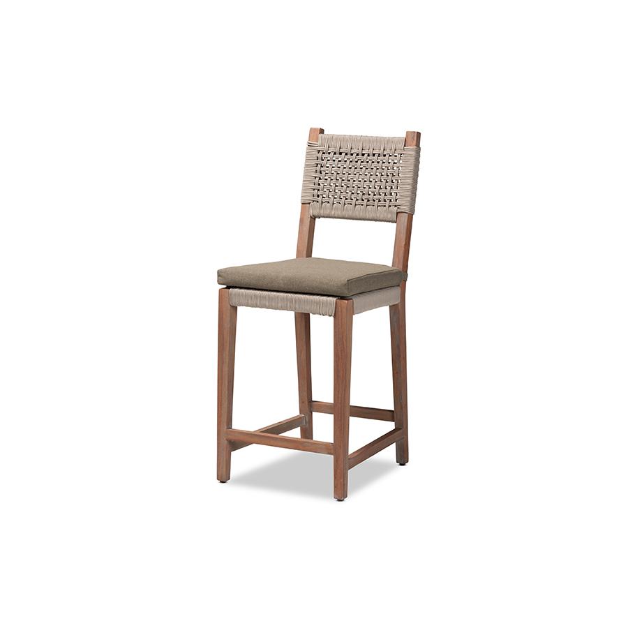 Mid-Century Transitional Grey Woven Rope Mahogany Counter Stool. Picture 1