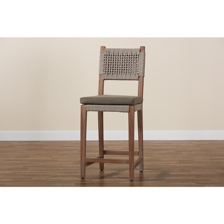 Mid-Century Transitional Grey Woven Rope Mahogany Counter Stool. Picture 9
