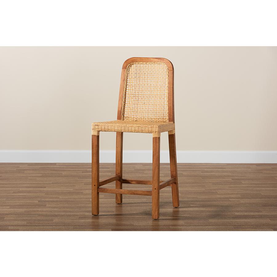 Walnut Brown Mahogany Wood and Natural Rattan Counter Stool. Picture 9