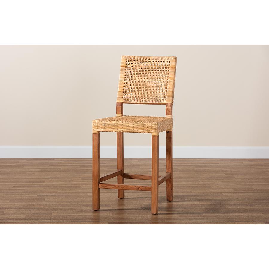 Bohemian Natural Brown Rattan and Walnut Brown Mahogany Wood Counter Stool. Picture 9