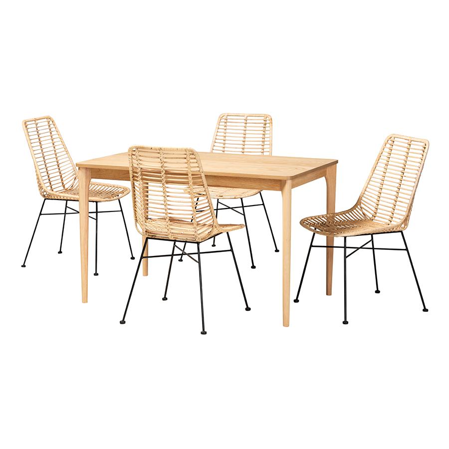 Bohemian Rattan and Natural Oak Finished Wood 5-Piece Dining Set. Picture 1