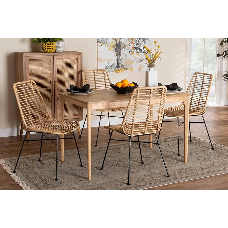 Bohemian Rattan and Natural Oak Finished Wood 5-Piece Dining Set. Picture 8
