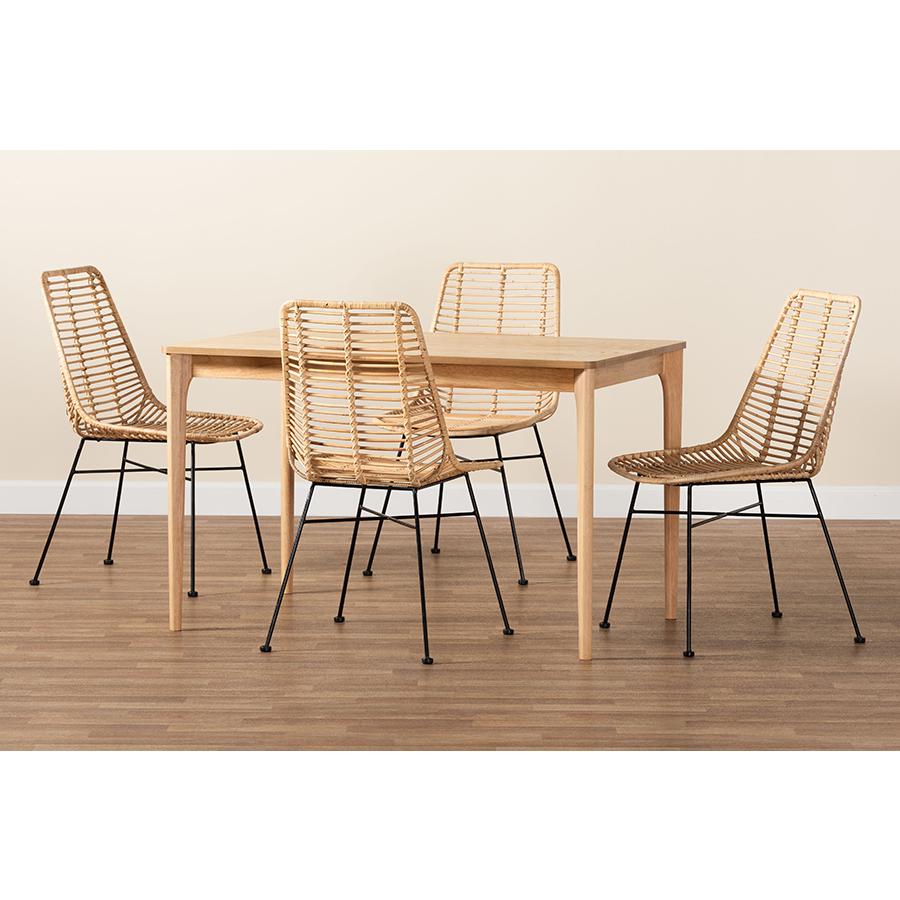 Bohemian Rattan and Natural Oak Finished Wood 5-Piece Dining Set. Picture 9
