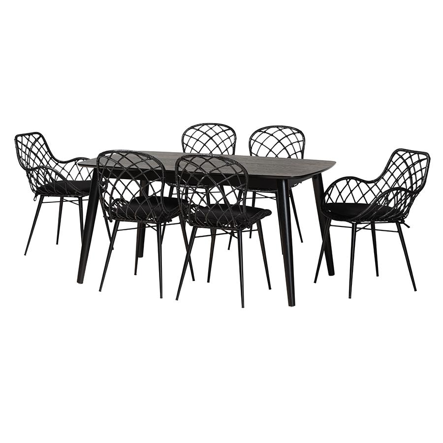 Aniceta Modern Bohemian Black Finished Wood and Rattan 7-Piece Dining Set. Picture 1