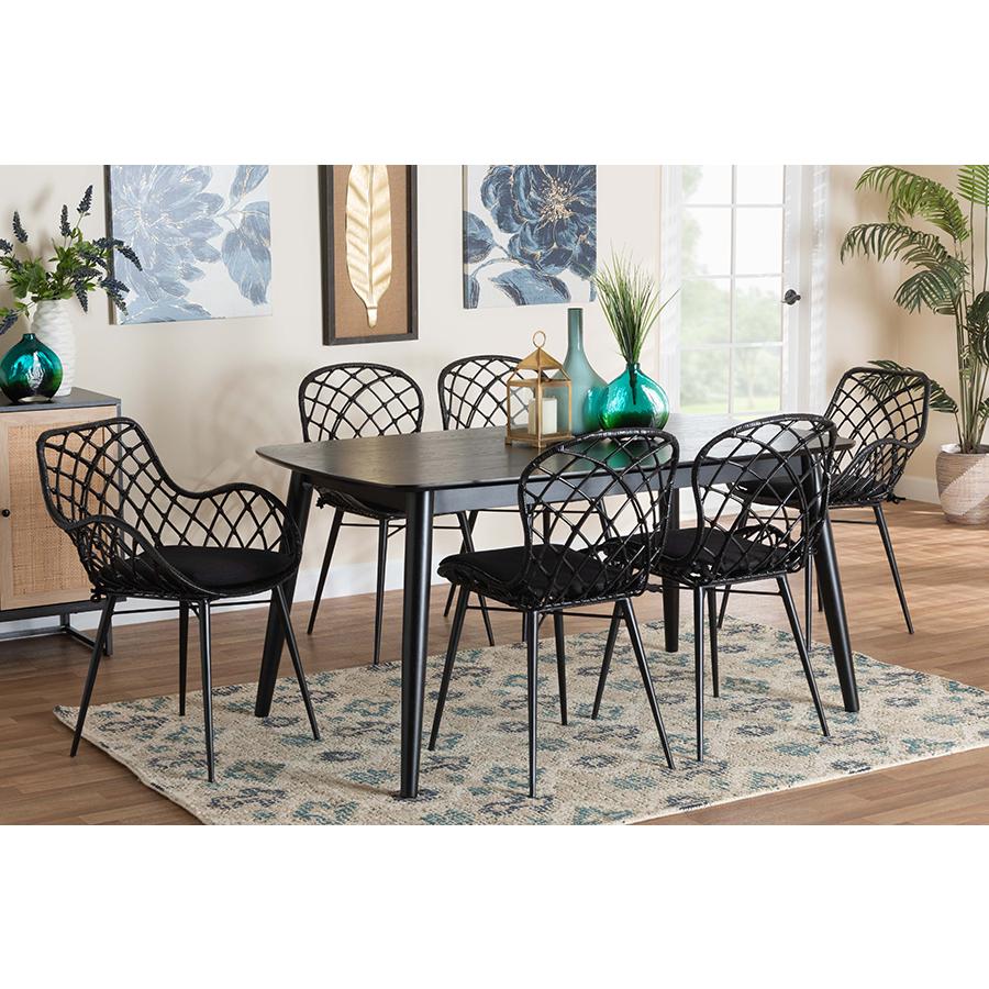 Aniceta Modern Bohemian Black Finished Wood and Rattan 7-Piece Dining Set. Picture 10