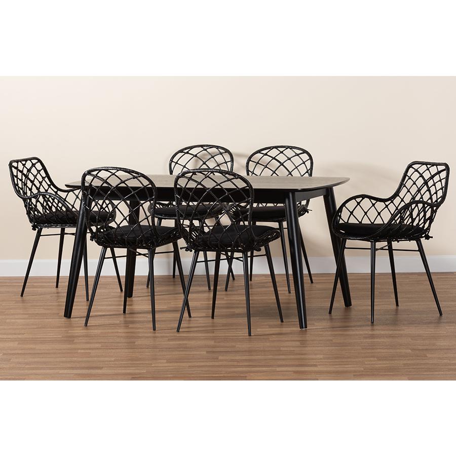 Aniceta Modern Bohemian Black Finished Wood and Rattan 7-Piece Dining Set. Picture 11