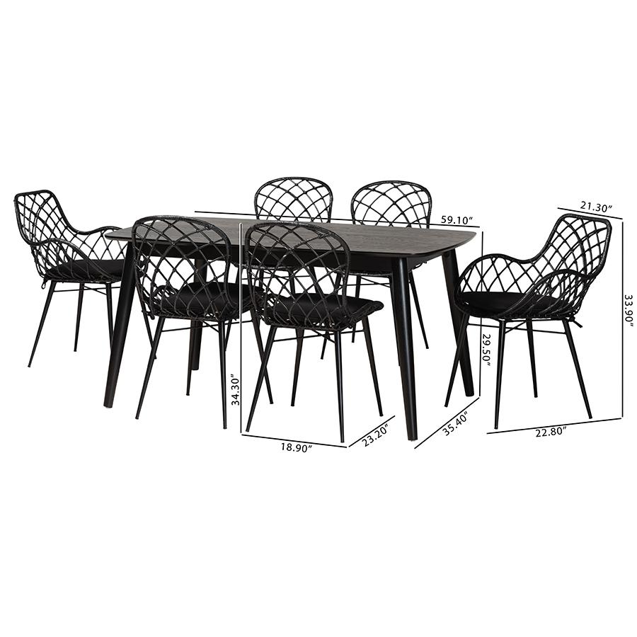Aniceta Modern Bohemian Black Finished Wood and Rattan 7-Piece Dining Set. Picture 12