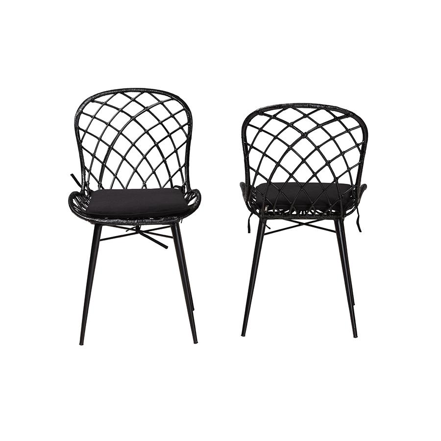 Bohemian Black Finished Rattan and Metal 2-Piece Dining Chair Set. Picture 2