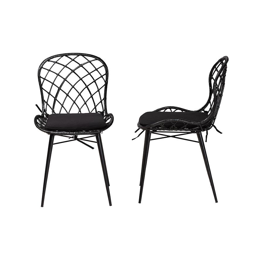 Bohemian Black Finished Rattan and Metal 2-Piece Dining Chair Set. Picture 3