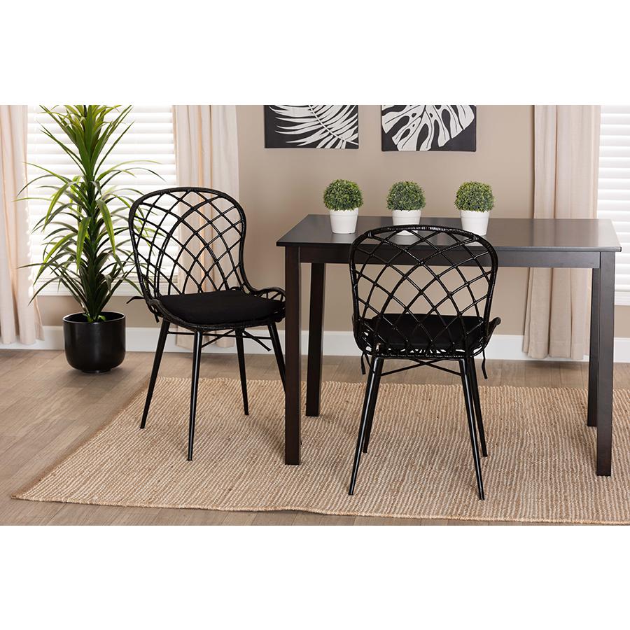 Bohemian Black Finished Rattan and Metal 2-Piece Dining Chair Set. Picture 7