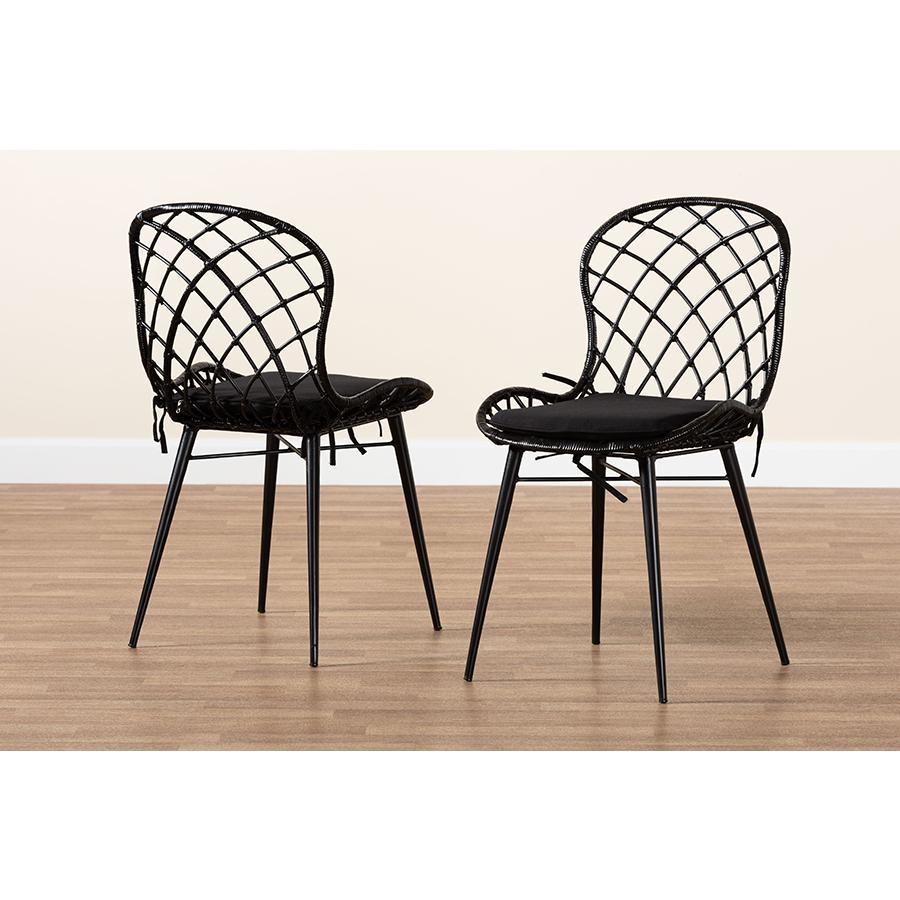 Bohemian Black Finished Rattan and Metal 2-Piece Dining Chair Set. Picture 8