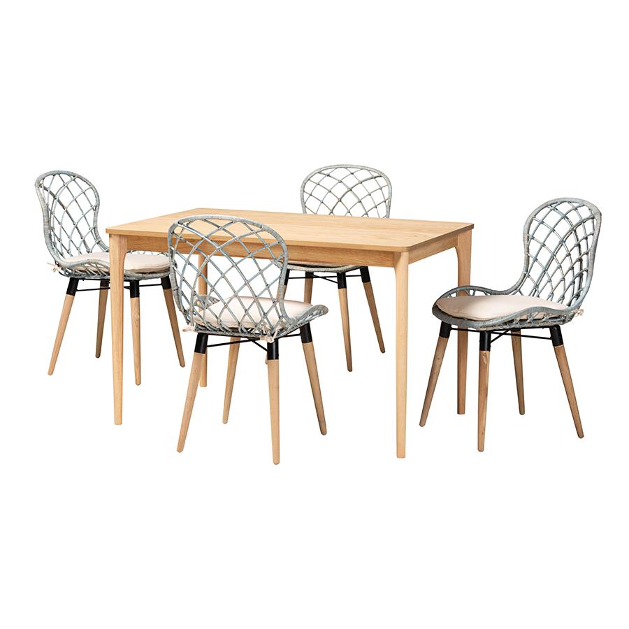 Bohemian Light Blue Rattan and Natural Brown Finished Wood 5-Piece Dining Set. Picture 1