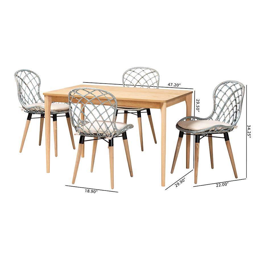 Bohemian Light Blue Rattan and Natural Brown Finished Wood 5-Piece Dining Set. Picture 10