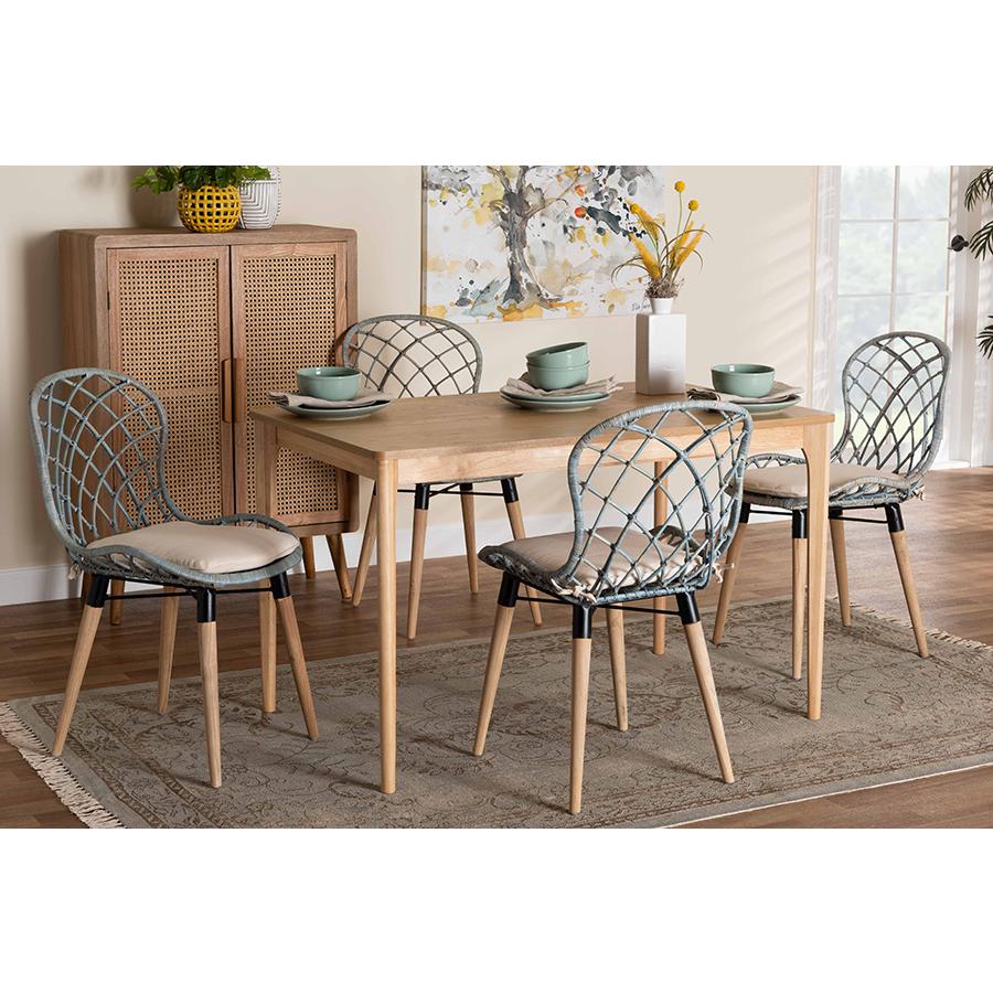 Bohemian Light Blue Rattan and Natural Brown Finished Wood 5-Piece Dining Set. Picture 8