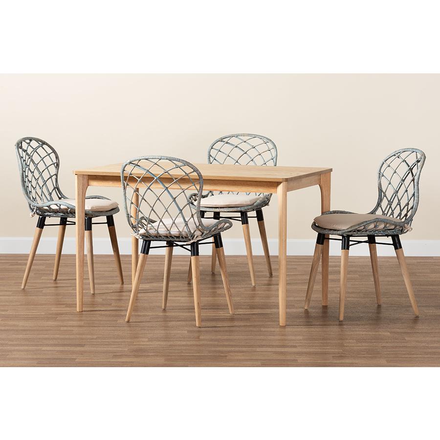 Bohemian Light Blue Rattan and Natural Brown Finished Wood 5-Piece Dining Set. Picture 9