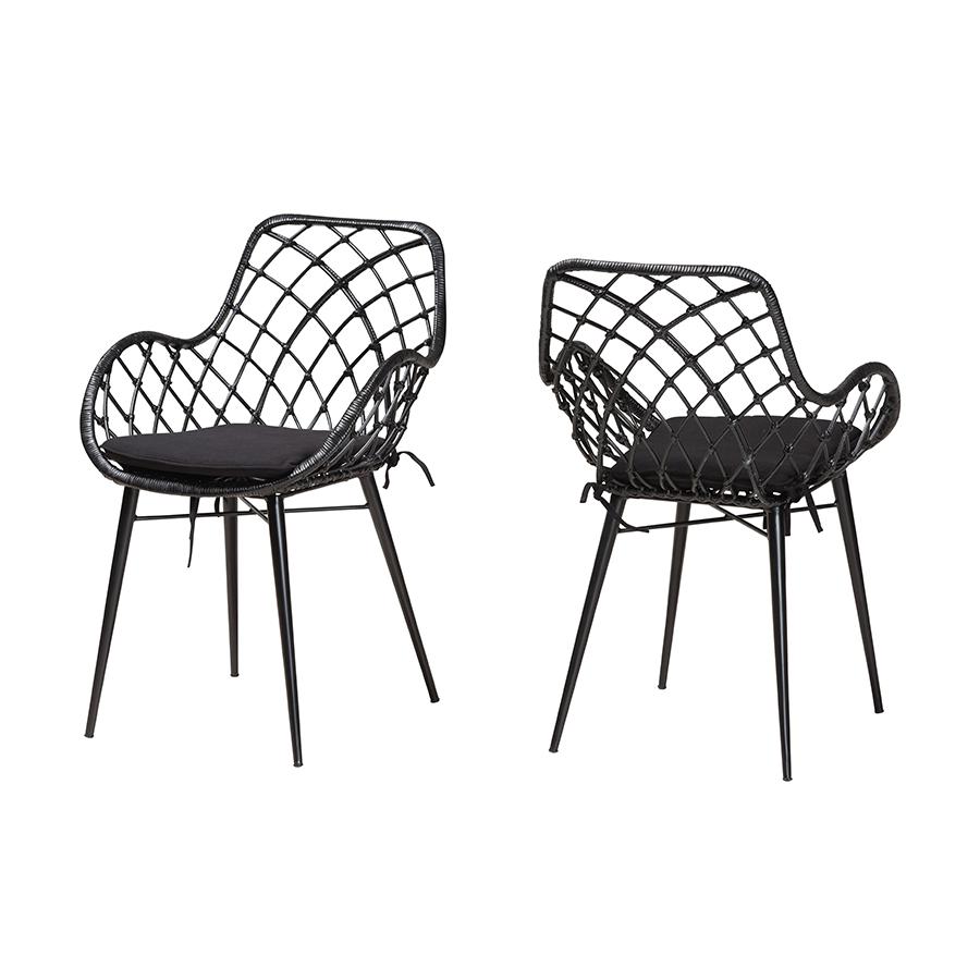 Bohemian Black Finished Rattan and Metal 2-Piece Dining Chair Set. Picture 1