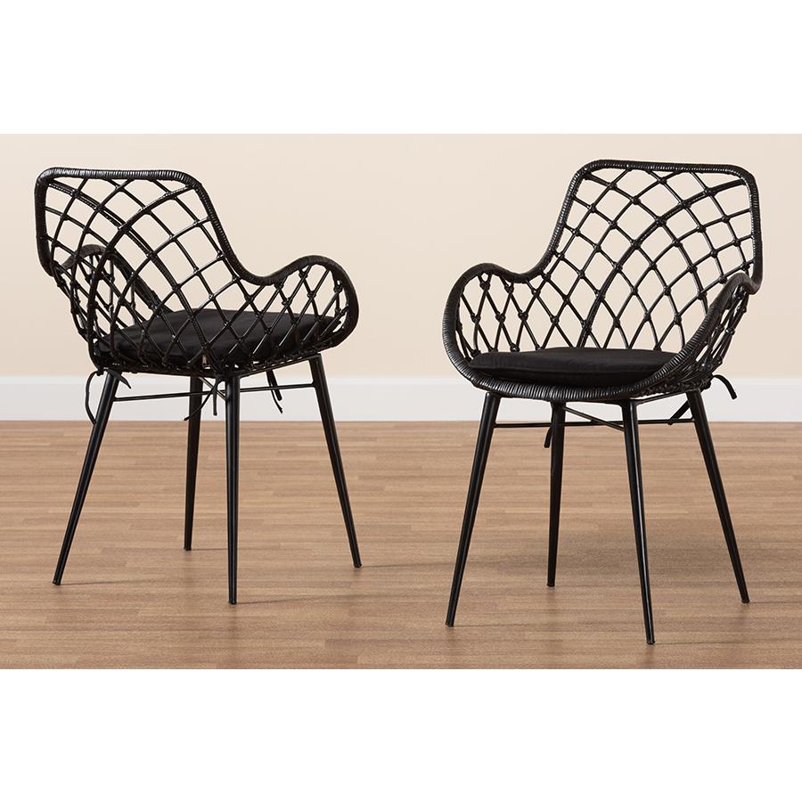 Bohemian Black Finished Rattan and Metal 2-Piece Dining Chair Set. Picture 8
