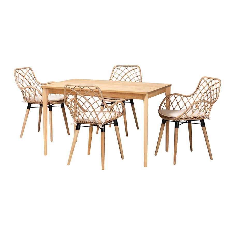 Bohemian Greywashed Rattan and Natural Brown Finished Wood 5-Piece Dining Set. Picture 1