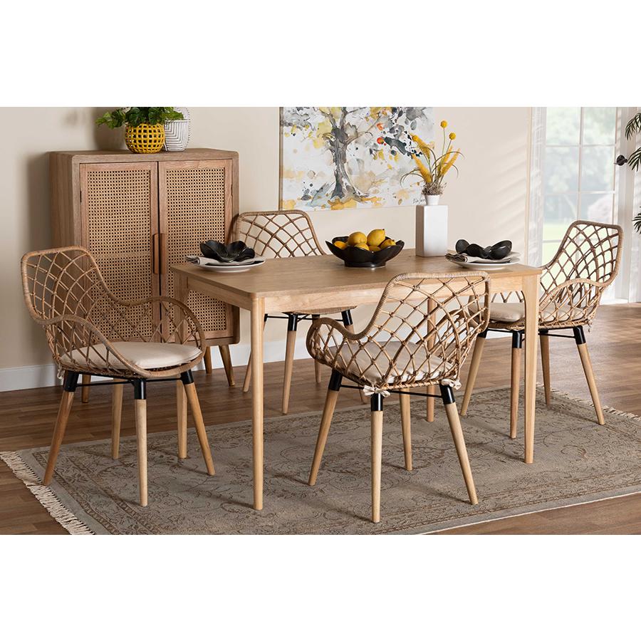 Bohemian Greywashed Rattan and Natural Brown Finished Wood 5-Piece Dining Set. Picture 8