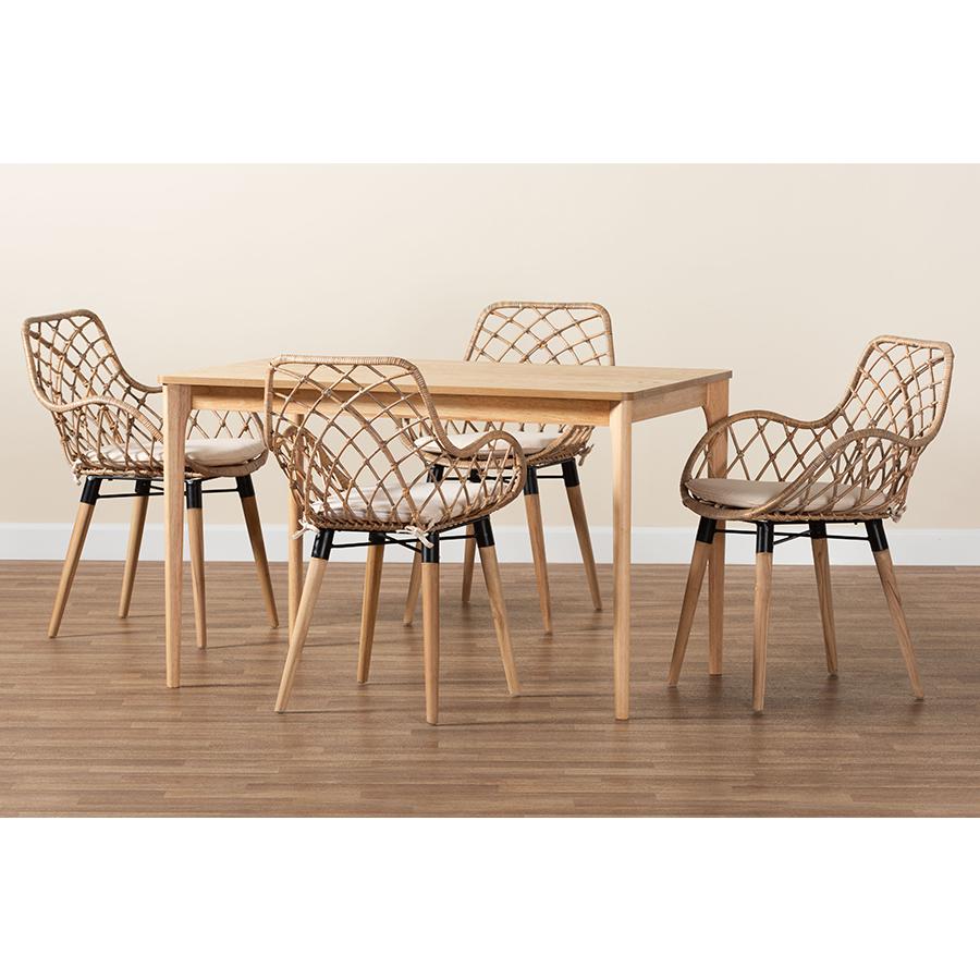 Bohemian Greywashed Rattan and Natural Brown Finished Wood 5-Piece Dining Set. Picture 9