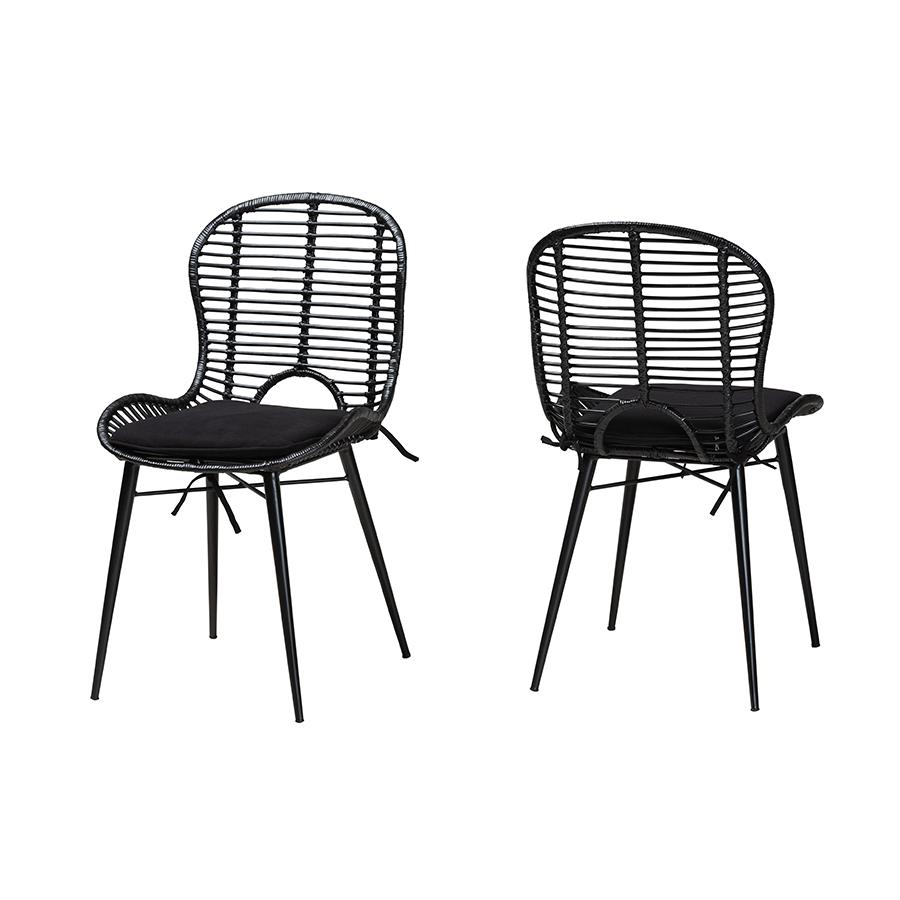 Bohemian Black Finished Rattan and Metal 2-Piece Dining Chair Set. Picture 1