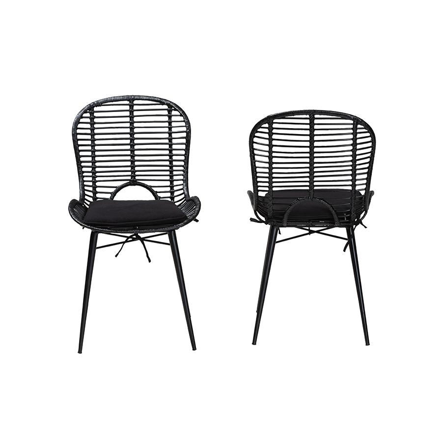 Bohemian Black Finished Rattan and Metal 2-Piece Dining Chair Set. Picture 2