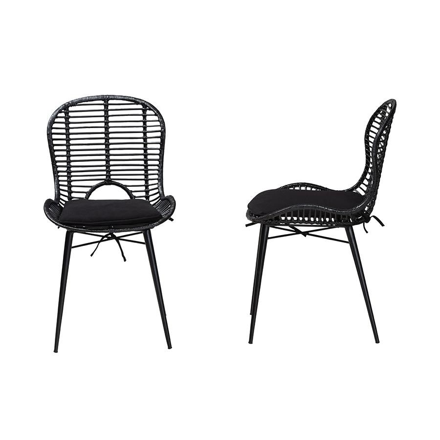 Bohemian Black Finished Rattan and Metal 2-Piece Dining Chair Set. Picture 3