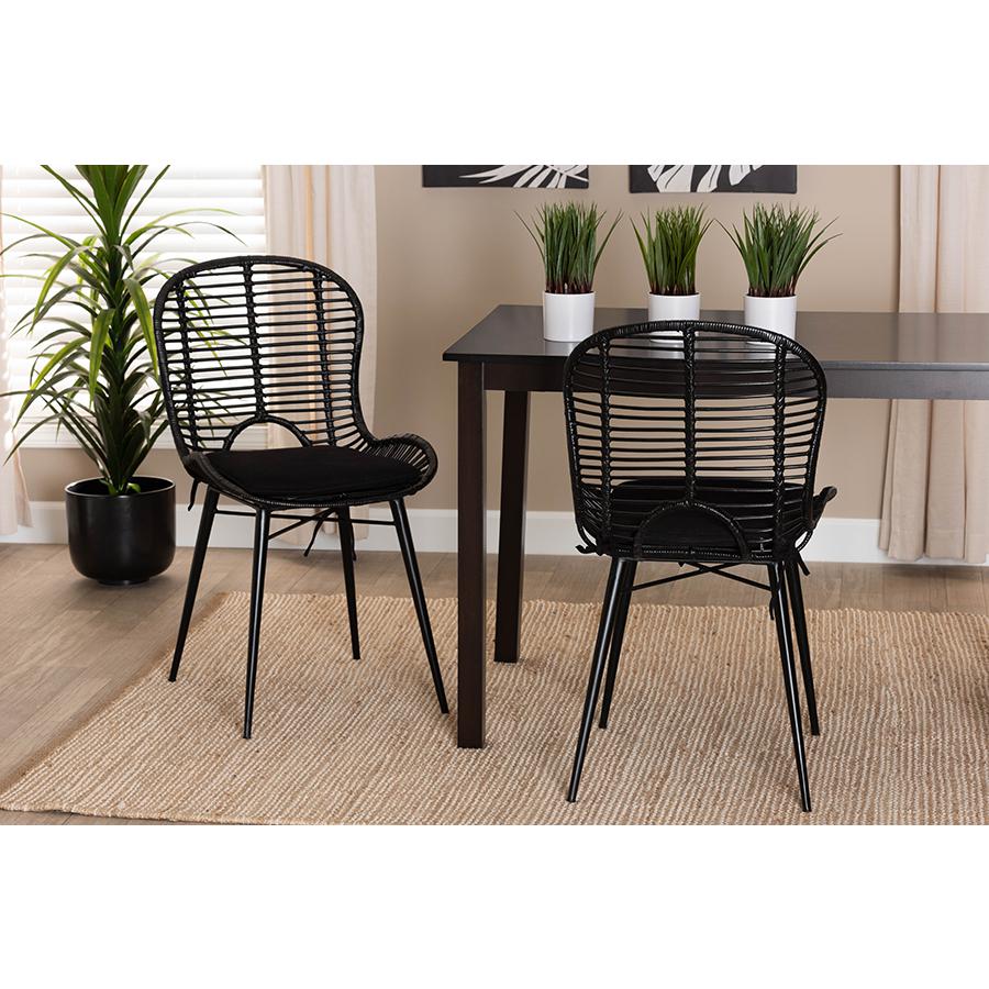 Bohemian Black Finished Rattan and Metal 2-Piece Dining Chair Set. Picture 7