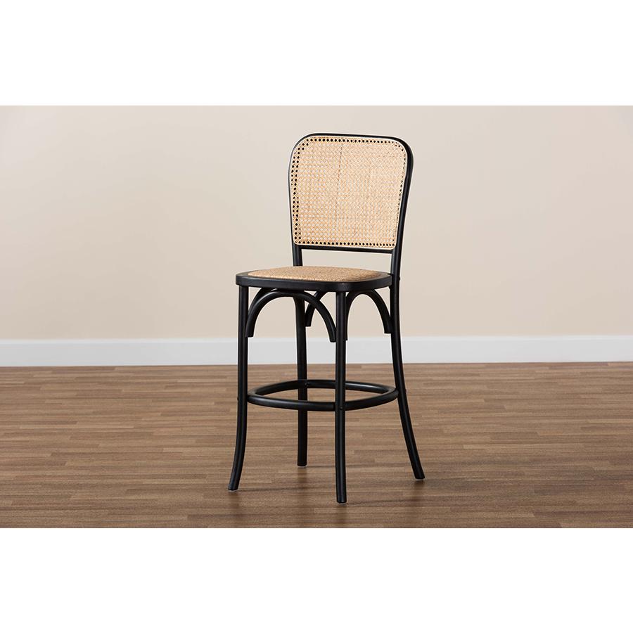 Vance Mid-Century Modern Brown Woven Rattan and Black Wood Cane Counter Stool. Picture 8