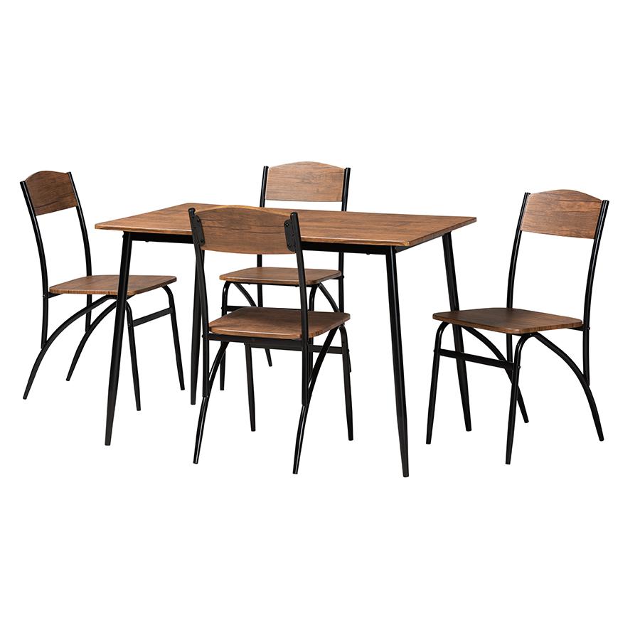 Industrial Walnut Brown Finished Wood and Black Metal 5-Piece Dining Set. Picture 1