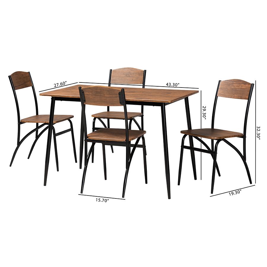 Industrial Walnut Brown Finished Wood and Black Metal 5-Piece Dining Set. Picture 10