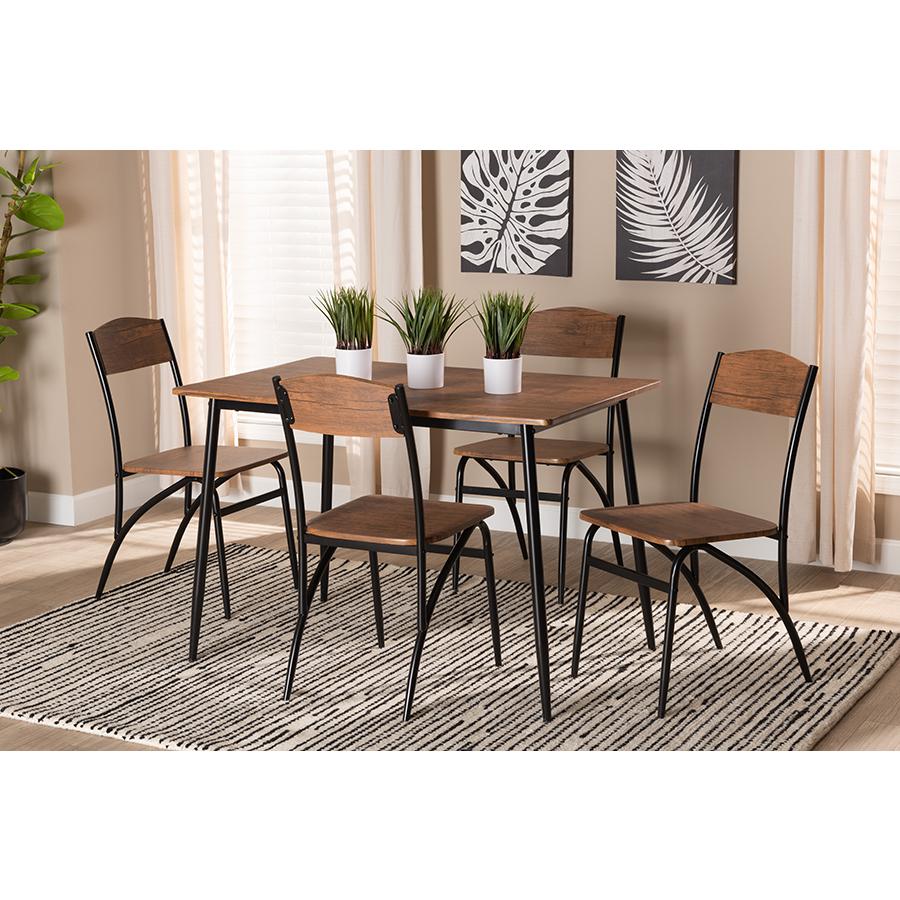 Industrial Walnut Brown Finished Wood and Black Metal 5-Piece Dining Set. Picture 8