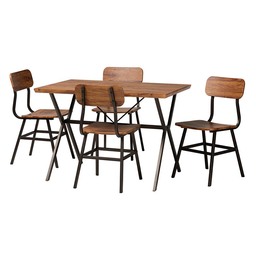 Industrial Walnut Brown Finished Wood and Black Metal 5-Piece Dining Set. Picture 1
