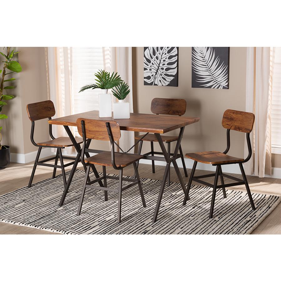 Industrial Walnut Brown Finished Wood and Black Metal 5-Piece Dining Set. Picture 8