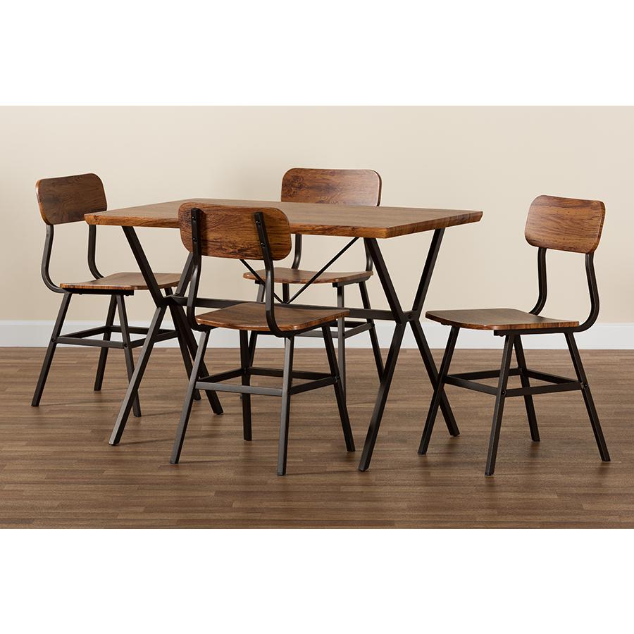 Industrial Walnut Brown Finished Wood and Black Metal 5-Piece Dining Set. Picture 9