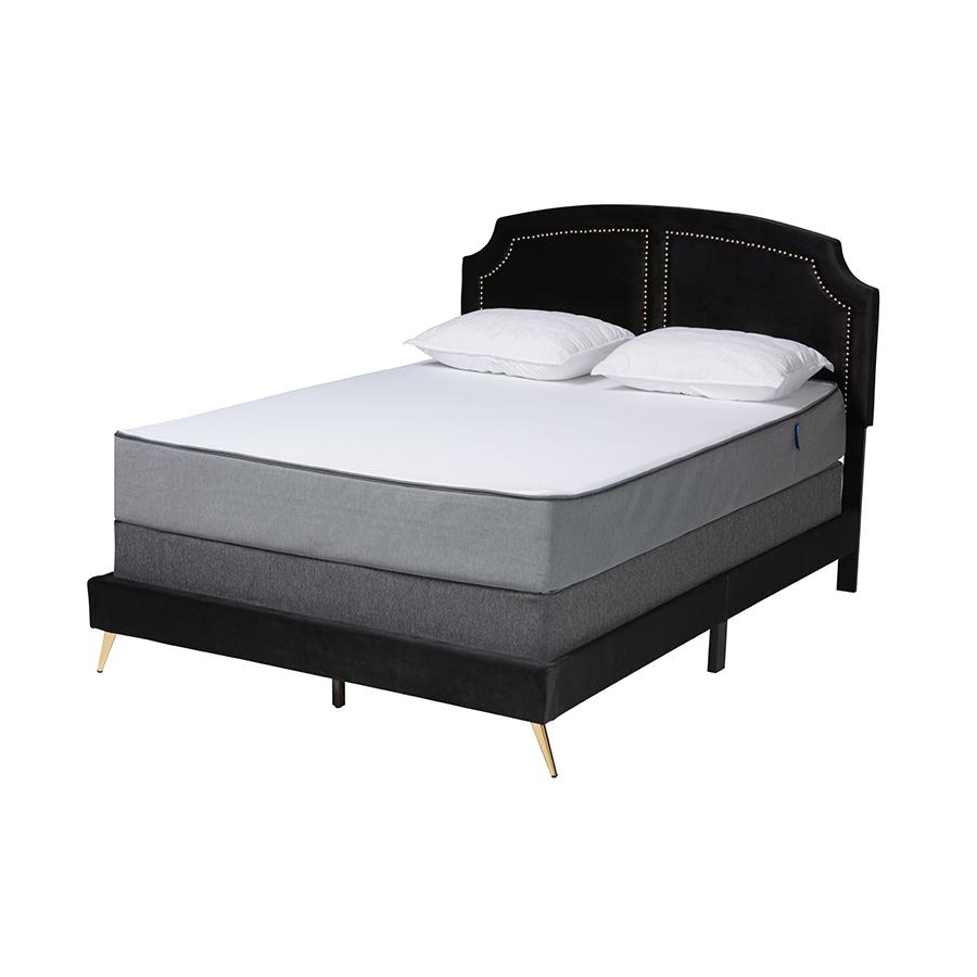 Oxley Traditional Glam and Luxe Black Velvet and Gold Metal Queen Size Panel Bed. Picture 1