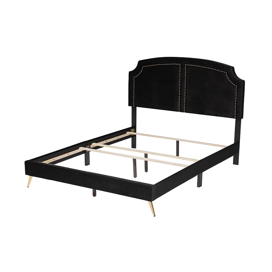 Oxley Traditional Glam and Luxe Black Velvet and Gold Metal Queen Size Panel Bed. Picture 3