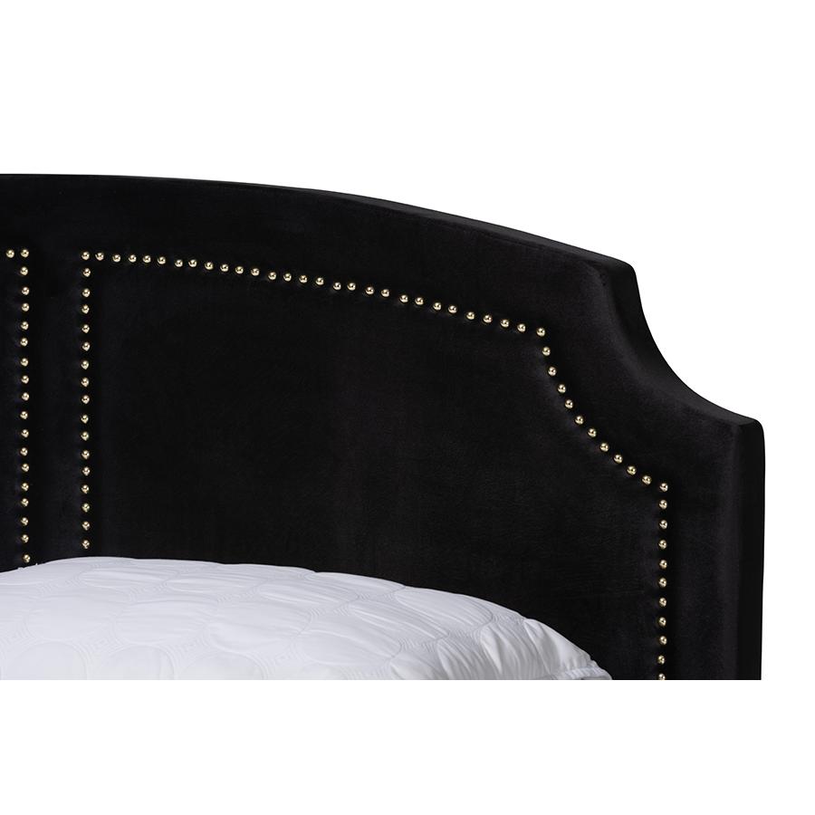 Oxley Traditional Glam and Luxe Black Velvet and Gold Metal Queen Size Panel Bed. Picture 4
